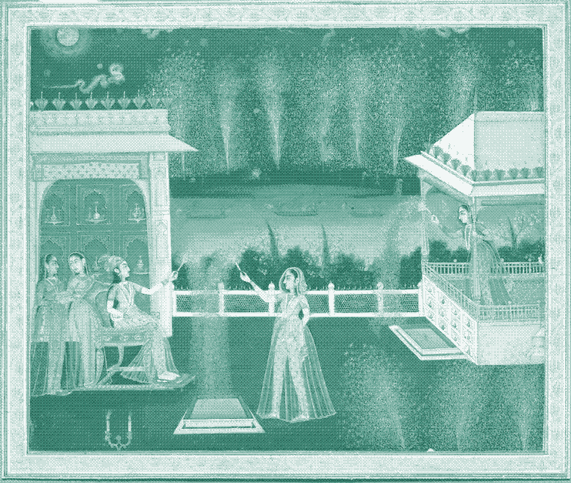 Royal Women Celebrating Diwali, c. 1760. Northern India, Uttar Pradesh, Lucknow. Gum tempera and gold on paper; image: 20.5 x 24.7 cm (8 1/16 x 9 3/4 in.). The Cleveland Museum of Art, Andrew R. and Martha Holden Jennings Fund 1971.82. Public Domain