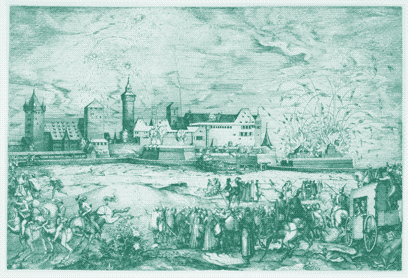 &lsquo;Entry of Maximilian II into Nuremberg, June 7, 1570&rsquo;, Jost Amman, 1570, Public Domain. In June 1570, Holy Roman Emperor Maximilian II was celebrated in Nuremberg with a grand entry featuring a triumphal arch, pageantry, gifts, and fireworks. A realistic depiction of the event shows spectators, dogs, and horses outside the city walls, with rockets exploding above the castle. Notably, two temporary Islamic structures are seen burning, symbolizing Maximilian&rsquo;s military efforts against the Turks.