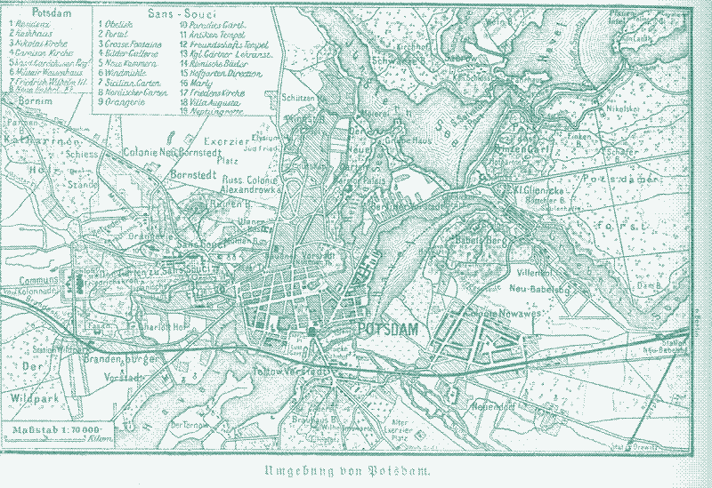 Map of Potsdam from around 1890. You can see the Schießstände mentioned in the upper left of the map. Printed in Meyers Konversations-Lexikon. Eine Encyklopädie des allgemeinen Wissens / 4. Auflage (1885–1890/1892)